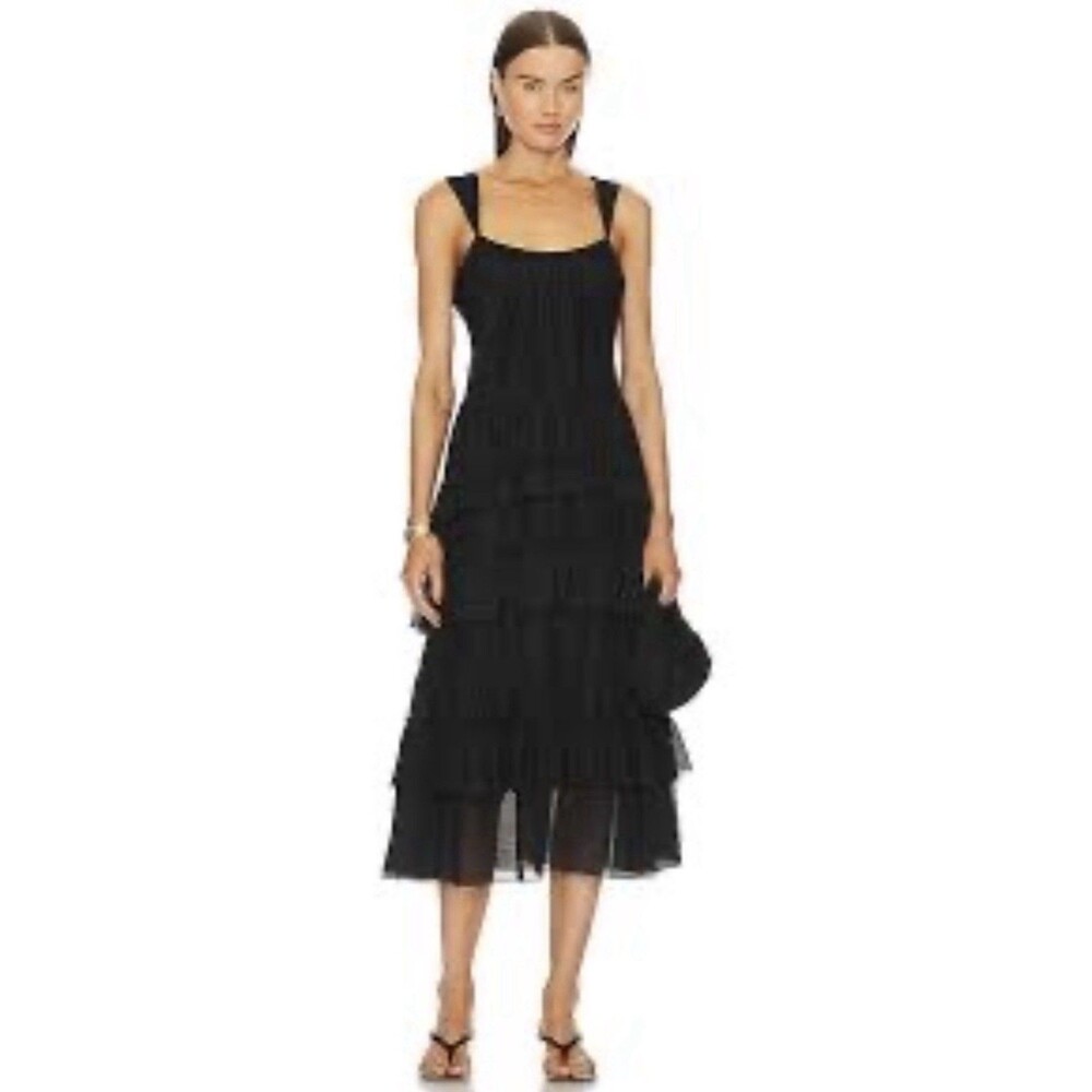 Cinq a Sept Kandra Black Cotton Silk Dress Size 6 NWT Tiered Raffles FLAW*